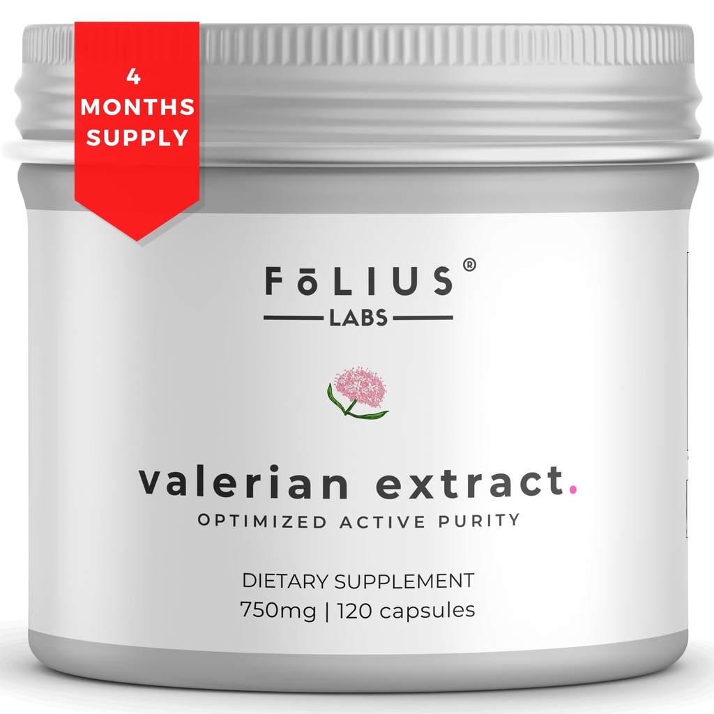 FOLIUS LABS Valerian Root 4:1 Extract Capsules 750mg – Optimized Active Purity – 4X Concentration Valerian Root Extract Supplement - Gluten Free, Non-GMO - Promotes Relaxation - 120 Capsules