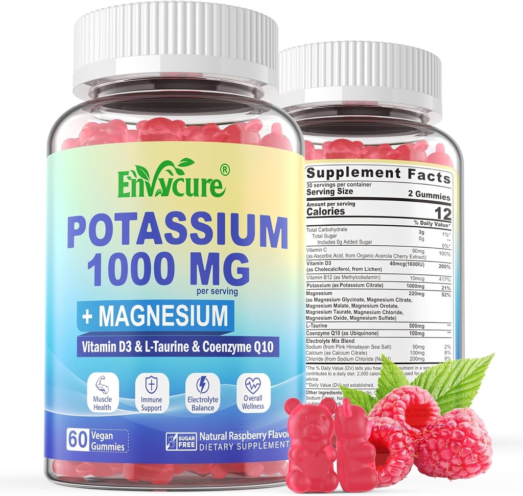 Potassium Supplement Gummies - 1000mg potassium Citated with Magnesium Complex/Glycate/Citate, Coq10, L-Toine, B12, D3 electrolyte, Ester, Eury, Eury, - Potassium Magsium Magsium Supplement for Super, 2Pack
