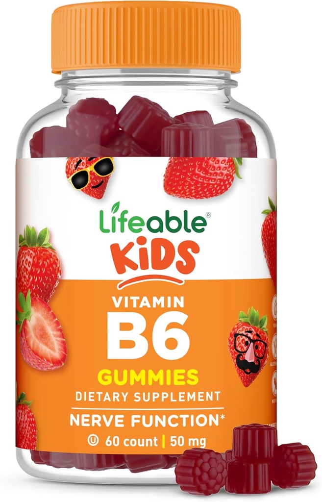 Vitamina B6 saudables para nenos | Excelente sabor B6 Vitaminas 50mg | Vegan Non-GMO libre | soporte de función nerviosa | 60 Gummies