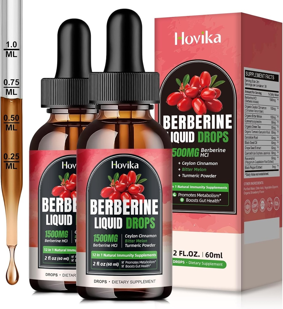 (2 Pack) Berberine HCL Liquid Drops - 1500 mg Zeer absorberende Berberine Liquid Drops - Berberine Veggie Supplement voor Immune, Digestie Systeem en Hart Gezondheid Ondersteuning, Aardbei smaak- 4 FL Oz