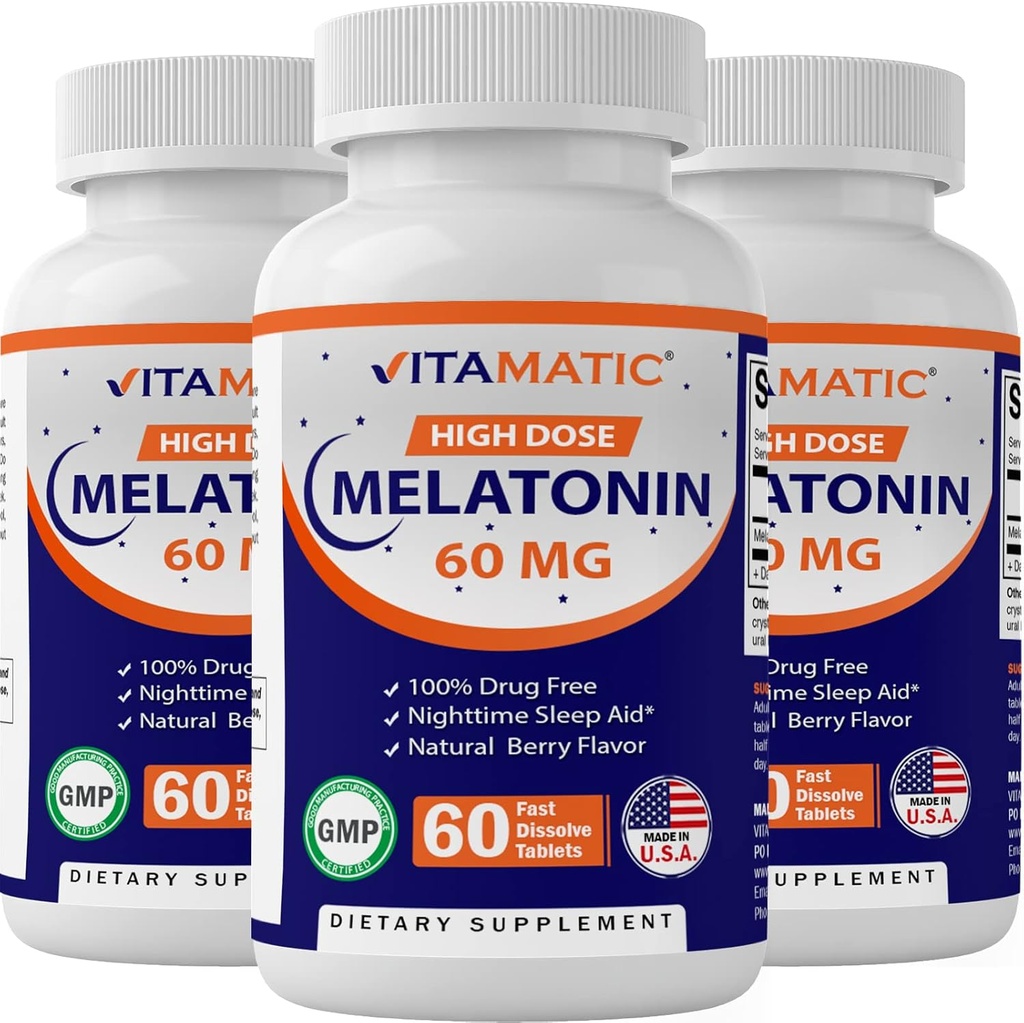 Vitamatic Melatonin 60 mg Dissolves ràpid - 60 Vegan Natural Berry Flavor Taulats - No- Habiting - No-MO, Gluen Free (3 amples)