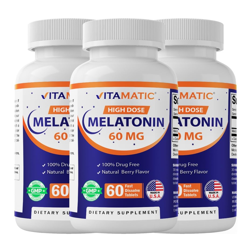 Vitamatic Melatonin 60 mg Fast Dissolve Tablets - 60 Vegan Natural Berry Flavor Tablets - Non-Habit Forming - Non-GMO, Gluten Free (3 Bottles)