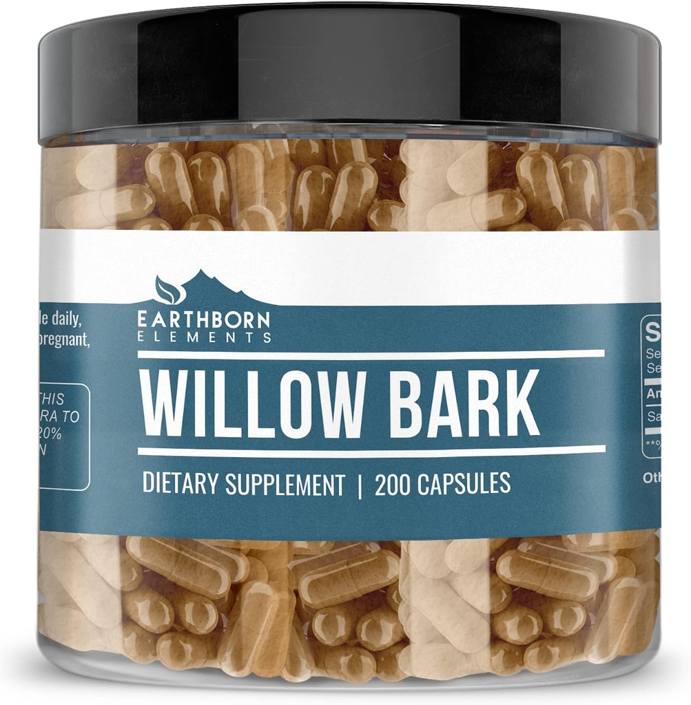 Earthborn Elements Willow Bark Extract (200 קפסולות) Pure & Undiluted, No Additives