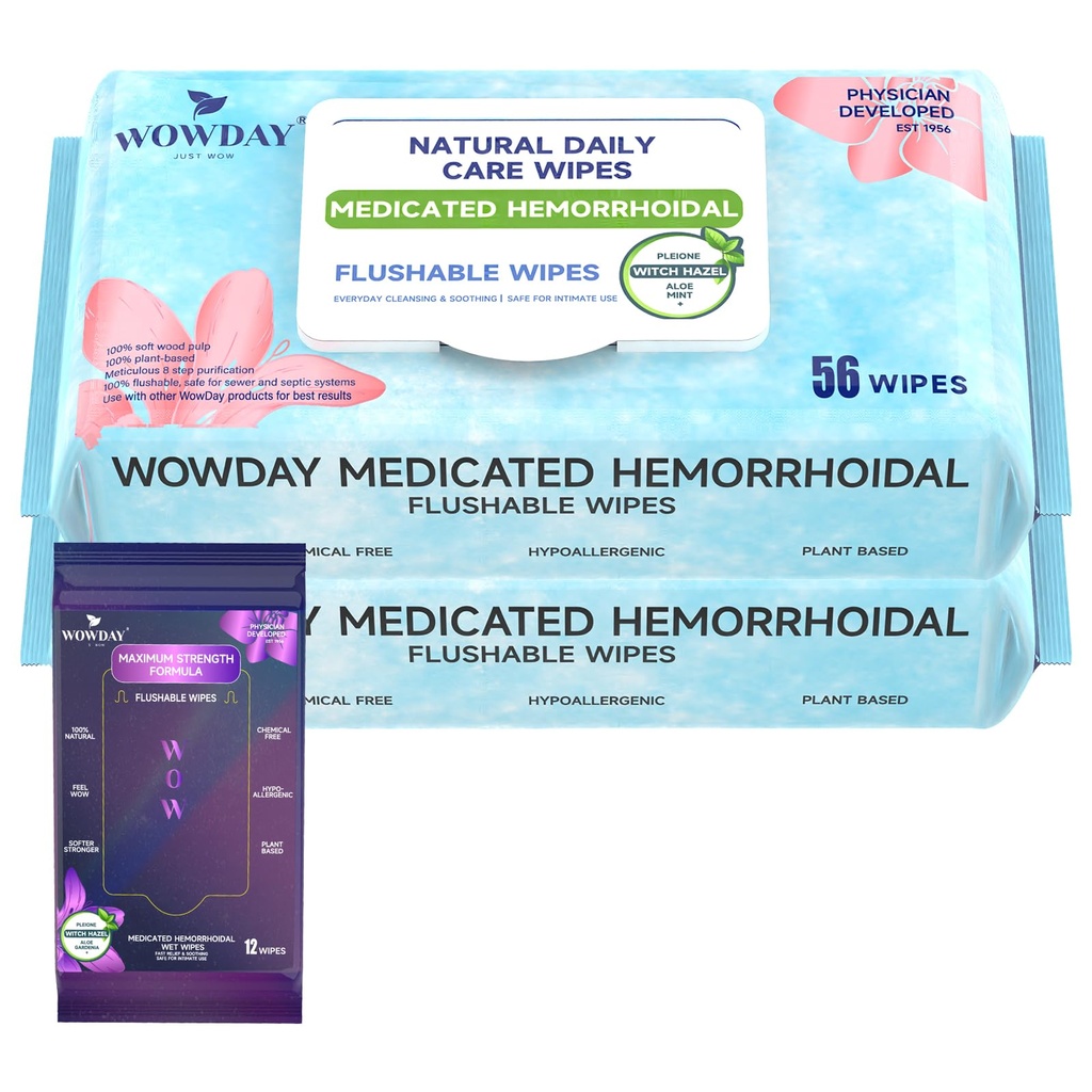 Flushable Hemorrhoid Wipes | Medicated Witch Hazel Wipes Ph Balanced | 112 Count Natural Fragrance Free Adult Hemorrhoids Witch Hazel Wipe for Butt Itch
