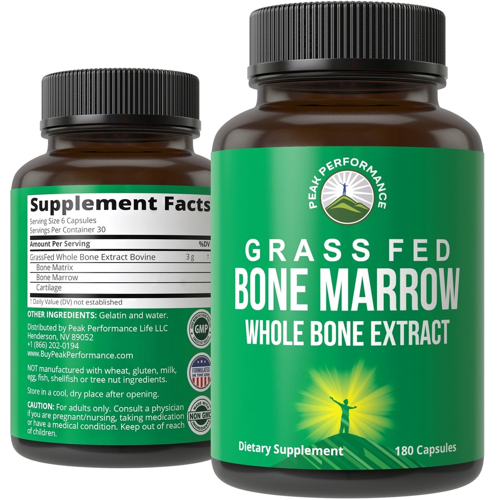 Peak Performance Grass Fed Bone Marrow - Whole Extract Supplement 180 Capsules - Superfood Pills Rich in Collagen, Vitamins, and Amino Acids - from Matrix Cartilage - Ancestral Tablets
