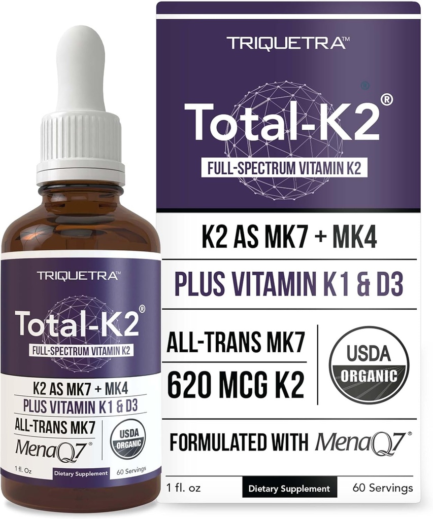 Total K2® Vitamina K2 como MK7 & MK4 Mais K1 & Vitamina D3 Cofactor - 620 mcg K2 por serviço - All-Trans MK7 de MenaQ7® - Vitamina K de espectro completo - Vegan, certificado orgânico (Liquid 1 oz)