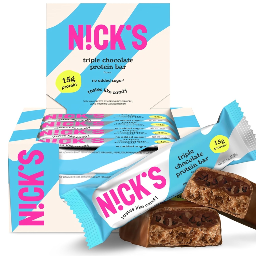 Nick's Triple Chocolate Protein Bars - 12 County Box | High Protein, Low Calories, Low Carbs, Keto Friendly, No Added Sugar