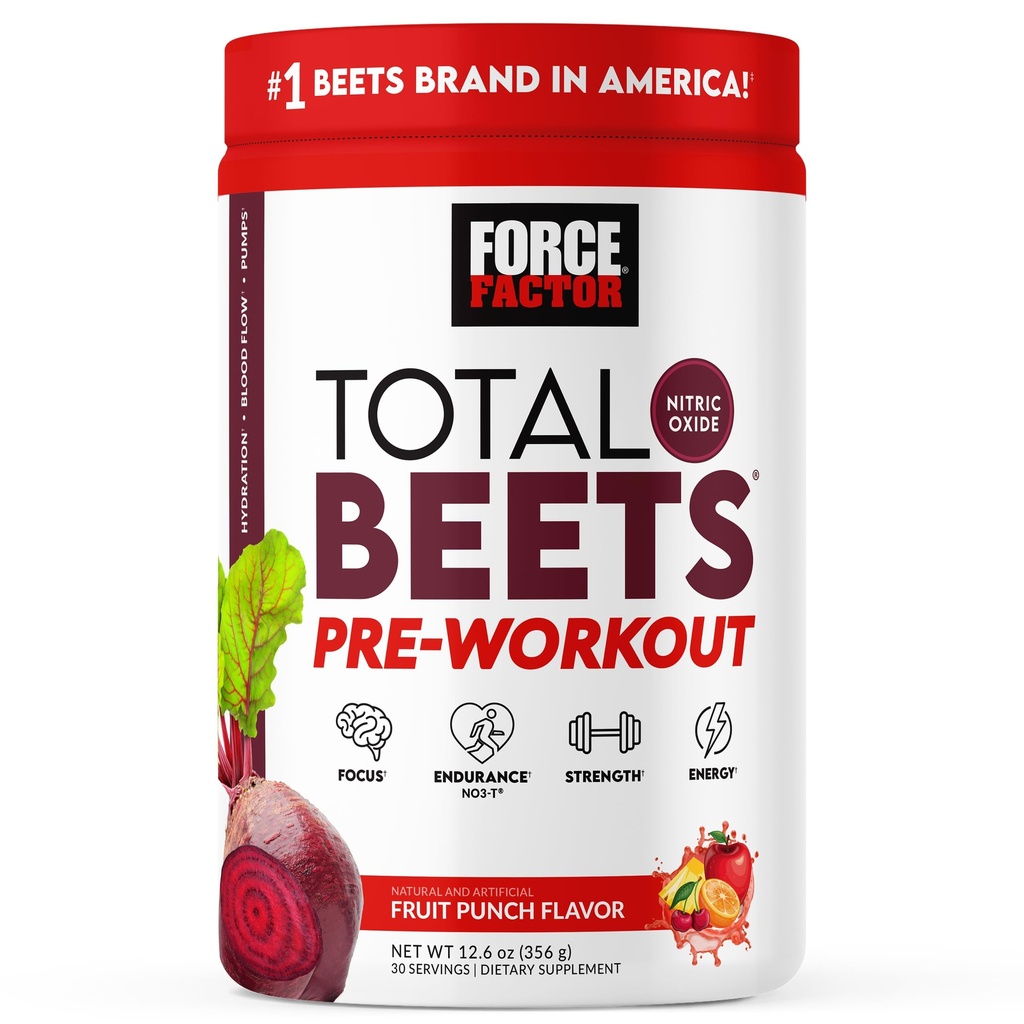 Force Factor Total Beets Pre-Workout Powder to Boost Energy & Endurance, Increase Strength, and Improve Blood Flow and Pumps, Nitric Oxide Supplement with Beet Root Powder, Fruit Punch, 30 Servings