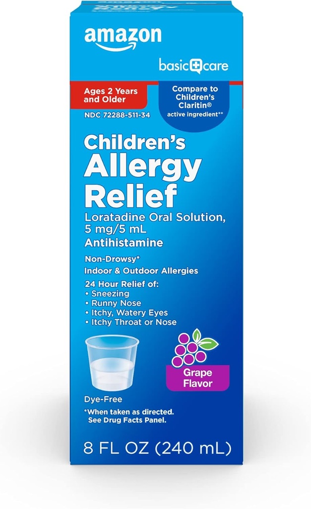 Basic Care Children 's Alergy Medicine, 24 Hour Lorriant Oral Solution 5 mg / 5 ml, Non-Drowsy Antihistamine, Grape Flavor, Ages 2 and Starder, 8 fl oz (Opakowanie po 1)