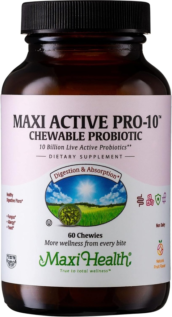 Maxi Health Active Pro- 10 Dzieci Probiotyczne Chewables - 15 Szczepów do Żywienia i Zdrowia immunologicznego -10 Miliard Probiotycznych Blend- Darmowy, Kosher - Obsługuje Gut Health, Wegetarianin - 60 ct (półka Stable)
