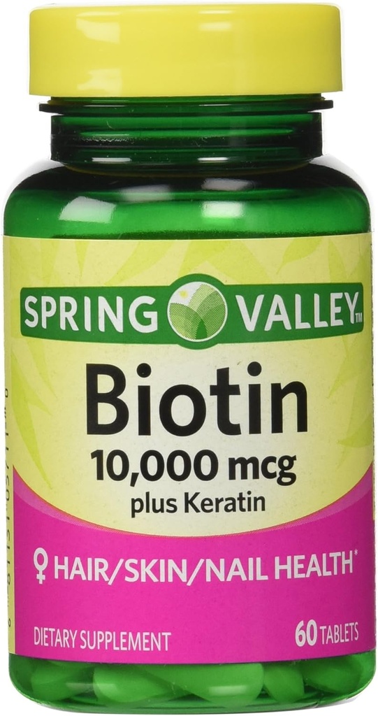 Spring Valley Biotin kosttilskudd, 10.000 mg med 100 Mg Keratin, 60 tabletter