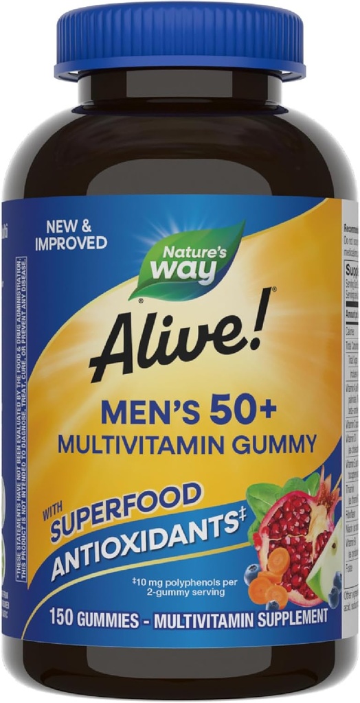 Nature 's Way Alive Men' s 50 + Kasdien Gummy Multivitaminai, Palaiko sveiką smegenis, akis, širdį *, B- vitaminai, nemokamai, vaisių skonio, 150 Gummies (Packaging May Vary)
