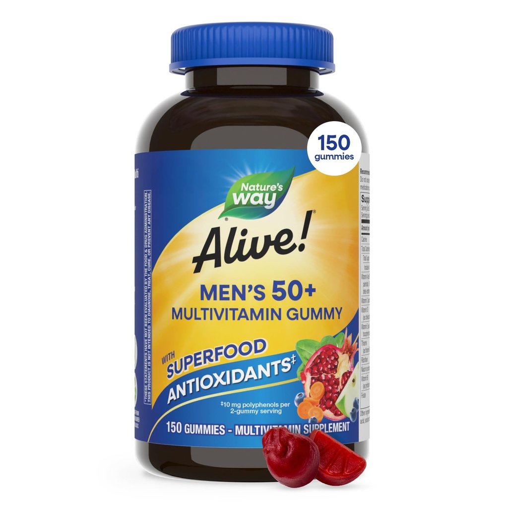 Nature's Way Alive! Men’s 50 Plus Multivitamin Gummy, Daily Chewable Multivitamins for Men with B-Vitamins, Vitamin D3 & Zinc, Supports Heart, Eye & Energy Metabolism,* Fruit-Flavored, 150 Gummies