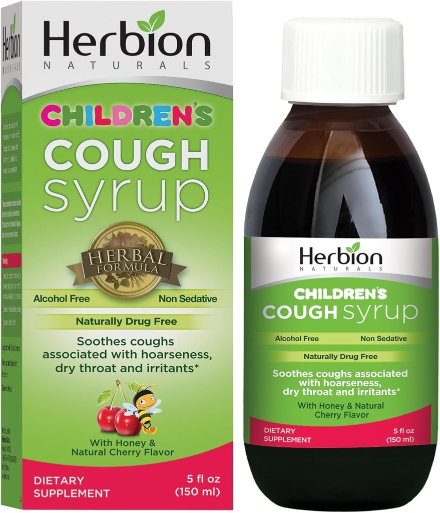 Herbion Naturals Cough Syrup для дітей 5F Добре танення добавки з натуральним медом і Flavor Допомагає полегшувати кашель Promotes Здоровий Lung Функція імунітет для дітей 13 і вище., Зелений, вишневий, 5 Fl Oz