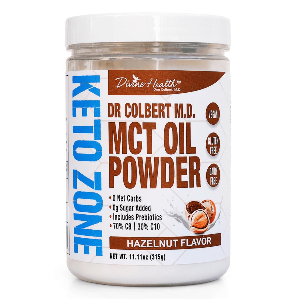 Dr. Colbert, MD MCT Oil Powder | Hazelnut Flavor | by Divine Health | Keto Zone | Coffee Creamer | 70% C8 30% C10 | 0 Net Carbs | Gluten Free | 30 Day Supply | 330g