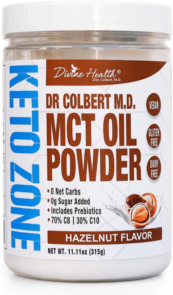 Salud Divina Dr. Colbert, MD MCT Petróleo Polvo tóxico Hazelnut Flavor Recomendado en Zona Keto Dieta Book ← Café Cremer TEN 70% C8 30% C10 ANTE 0 Net Carbs TEN 30 Day Supply ANTE 330 G