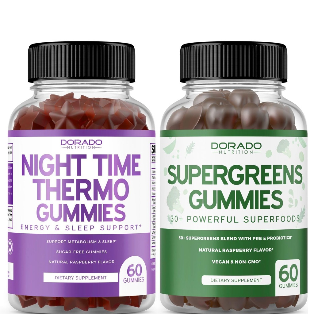Night Time Fat Burner Gummies (60 Count) - Weight Loss & Metabolism Sugar-Free Melatonin Supplement and Supergreens Gummies (60 Count) - Greens Supplements Immunity Support - Non GMO & USA Made