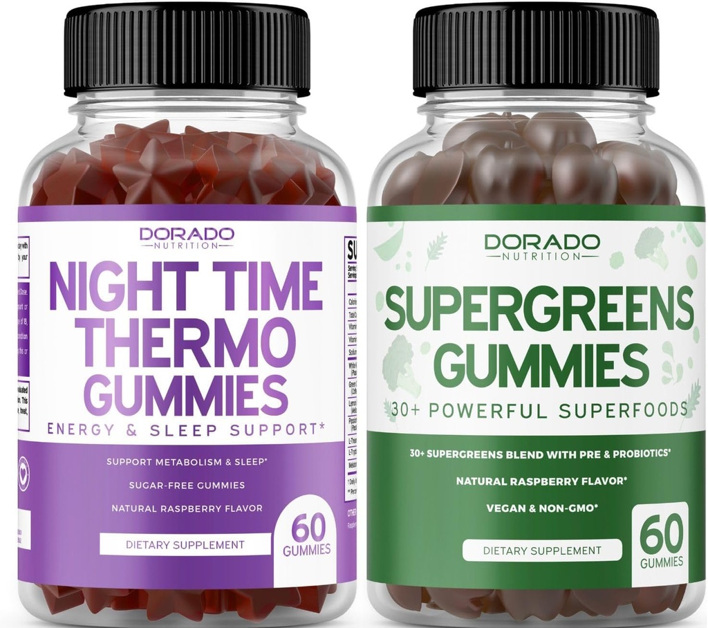 Night Time Fat Burner Gummies (60 Počet) - Ztráta hmotnosti & Metabolismus Sugar- Free Melatonin dodatek a Supergreens Gummies (60 Počet) - Zelené doplňky Podpora imunity - Non GMO & USA Made