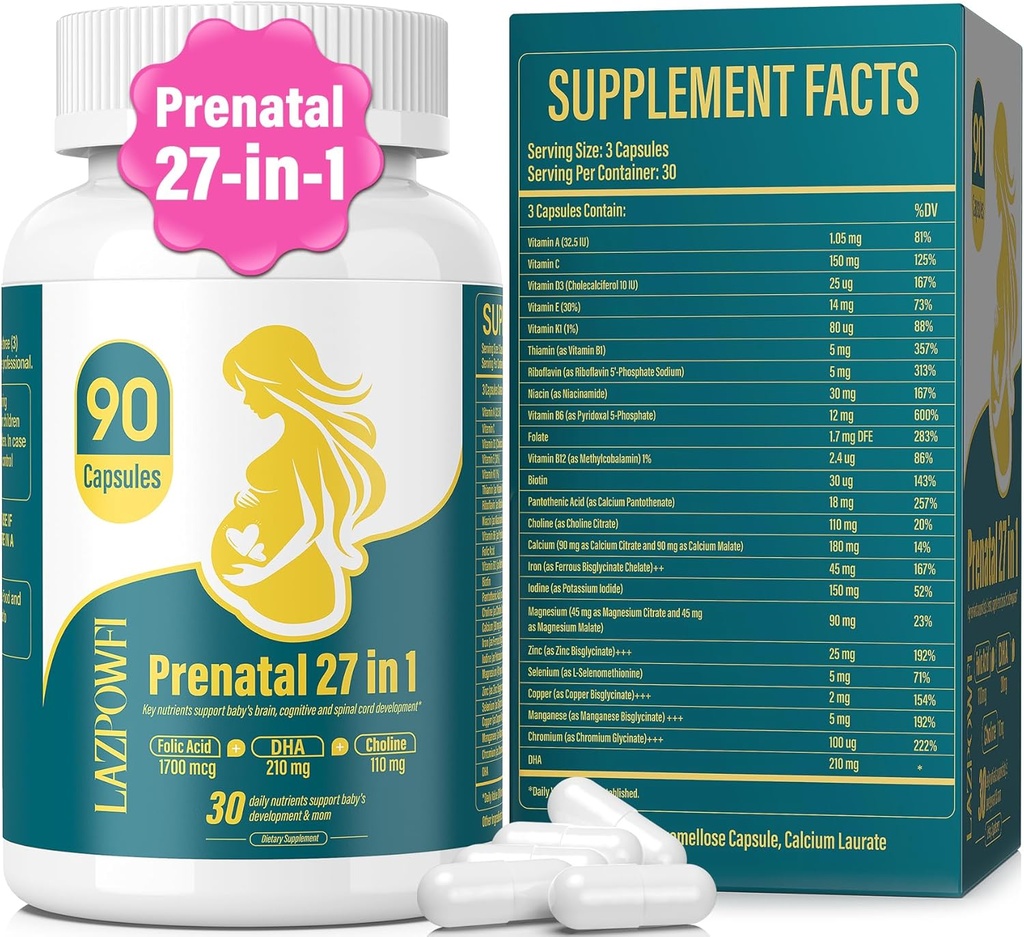 Prenatal Vitaminer for kvinner postnatal multivitamin med folicsyre DHA-kolin for gravide og amming kvinner niacinamid Biotin og mineraler 27 i 1 Supplement 90 kapsler-30 serveringer