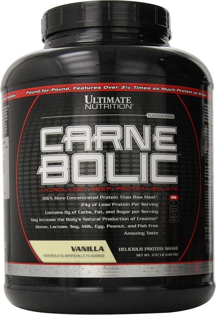 Ultimate Nutrition Carne Bolic Beef Protein Powder, Lactose Free Protein Shakes, Paleo 및 Keto No Sugar 또는 Carb, Low Calorie Isolate Powder, Hydrolized Protein, 60 서빙, 바닐라