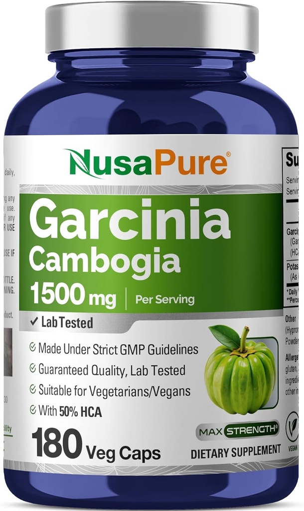 NusaPure Garcinia Cambogia 180 Veggie Kapsule 1500 mg (Vegetariáni, Non-GMO, Vegan)