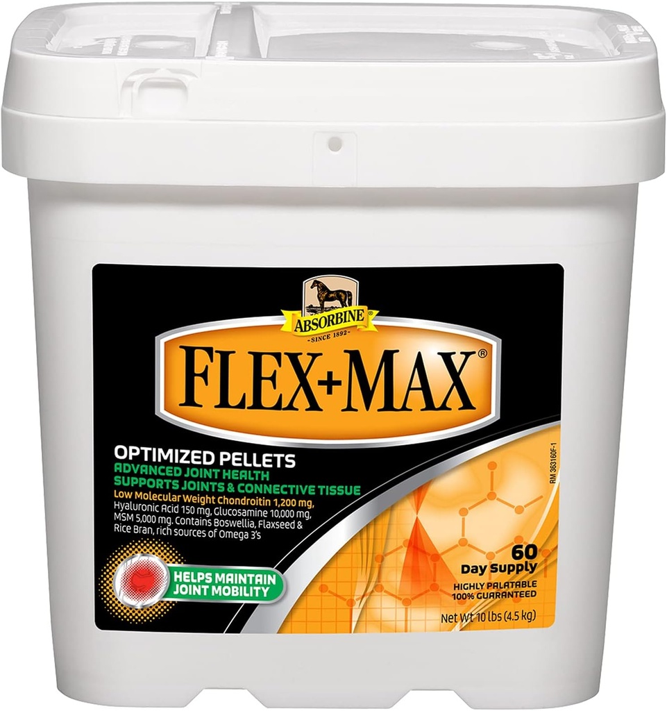 Absorbine Flex + Max Arkly Joint Additional Pellets, Highly Palacable, Complete Equine Formulės su gliukozaminu, MSM, Chondroitin & Flaxseed, 10lb Tub / 60 dienų tiekimo