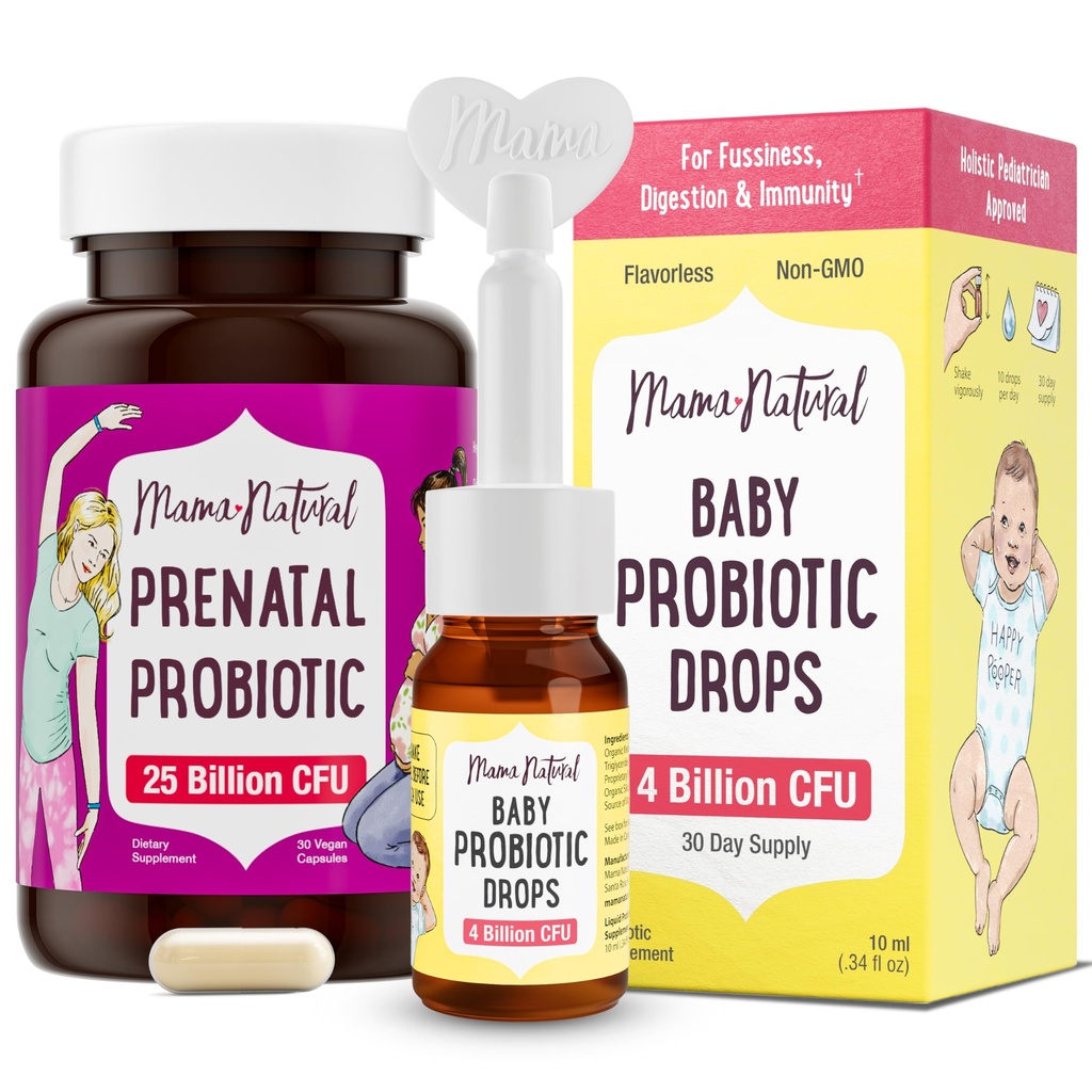 Mama Natural Prenatal Probiotic & Baby Probiotic Drops Bundle – Gut, Vaginal & Immune Support for Mom + Digestive Comfort for Baby with Infant Probiotics – Bundle & Save