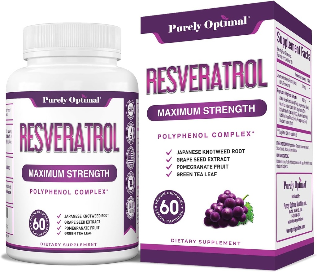 Integratore di resveratrolo puramente ottimale 1500mg – Trans-Resveratrolo dal nodo giapponese, Polyphenol Complex – Supporta l'invecchiamento grazioso, la vitalità, la salute della pelle cognitiva e – 60 capsule vegane