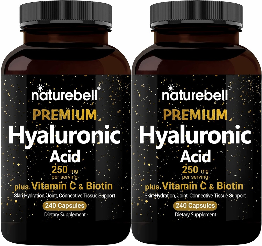 NatureBell 2 Pack Plant Based Hyaluronic Acid Supplements 250mg med 25mg Vitamin C & Biotin 5000mcg, 480 Total Capsules | Essential for Hair Growth, Joint Support och Hydrating Skin | Non-GMO