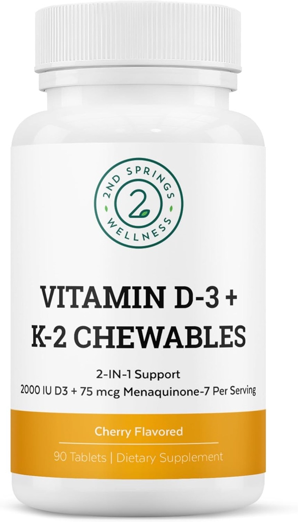 비타민 D3 + K2 Chewables - 2000 IU 비타민 D와 MK7 K2 (Menaquinone-7) - 체리 맛 정제 - 성인과 아이를 위한 비타민 D + K2 보충교재