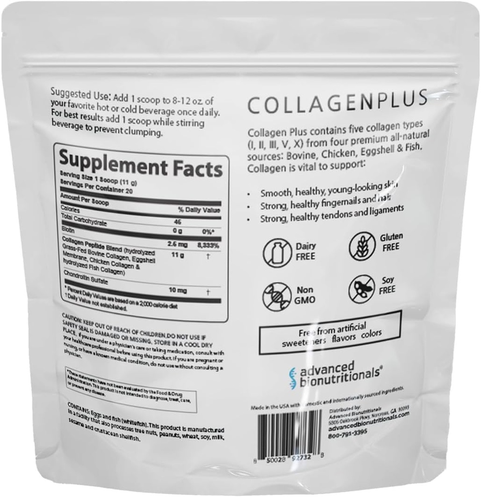 Advanced Collagen Plus milteliai - 5 tipai Collagen (I, II, III, V, X) su Biotin & Chondroitin Sulfate - Palaiko odą, Plaukų, Joints & Vinys - Neflavored, Easy- Mix Formulės
