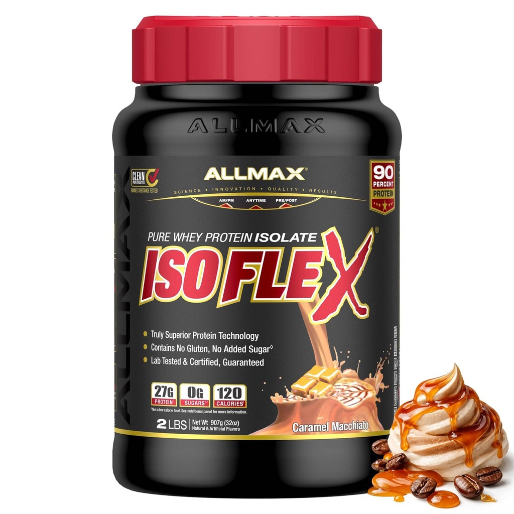 ALLMAX ISOFLEX Pure Whey Isolate Protein Powder - Gluten Free, Low Lactose, Sugar-Free - High-Protein, Clean, Keto-Friendly for Pre Post Workout Supplement for Women and Men | Caramel Macchiato, 2lb