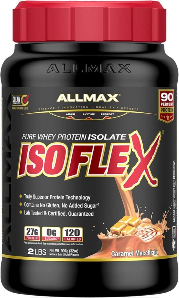ALLMAX Nutrition ISOFLEX Vadakuvalgu isolaat, karamell Macchiato - 2 naela - 27 grammi valku Scoopi kohta - nullrasva ja suhkrut - 99% laktoosivaba - gluteenivaba ja sojavaba - ligikaudu 30 portsjonit