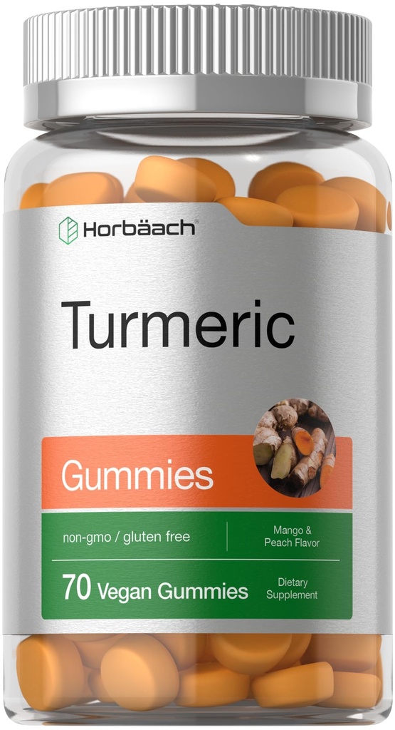 Horbäach Turmeric Gummies | 70 Count | Mango & Peach Flavor | Turmeric Curcumin with Ginger | Vegan Non-GMO & Gluten Free Supplement