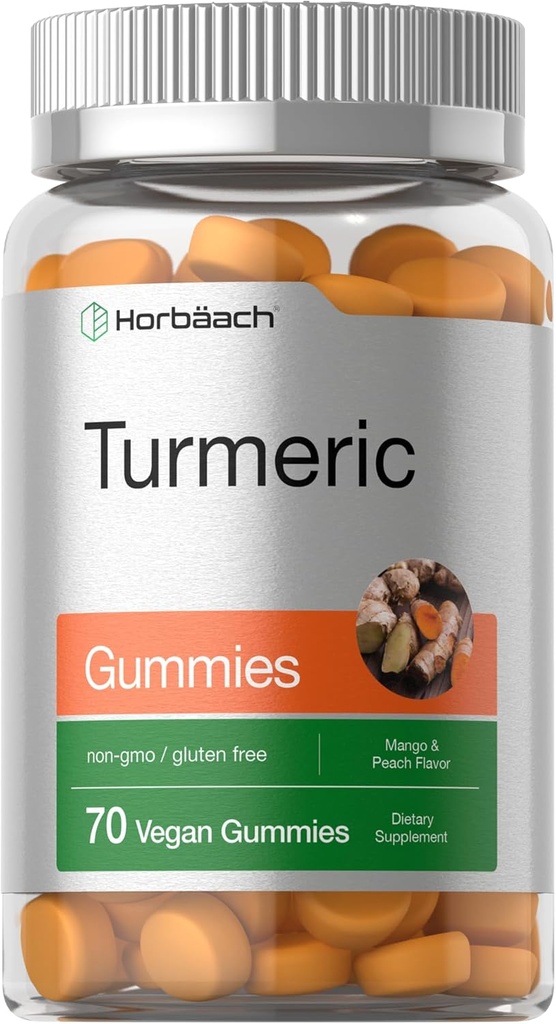 Horbäach Turmeric Gummies | 70 Greve | Mango & Peach Flavor | Turmeric Curcumin med Ginger | Vegansk Non-GMO & Glutenfri Supplement