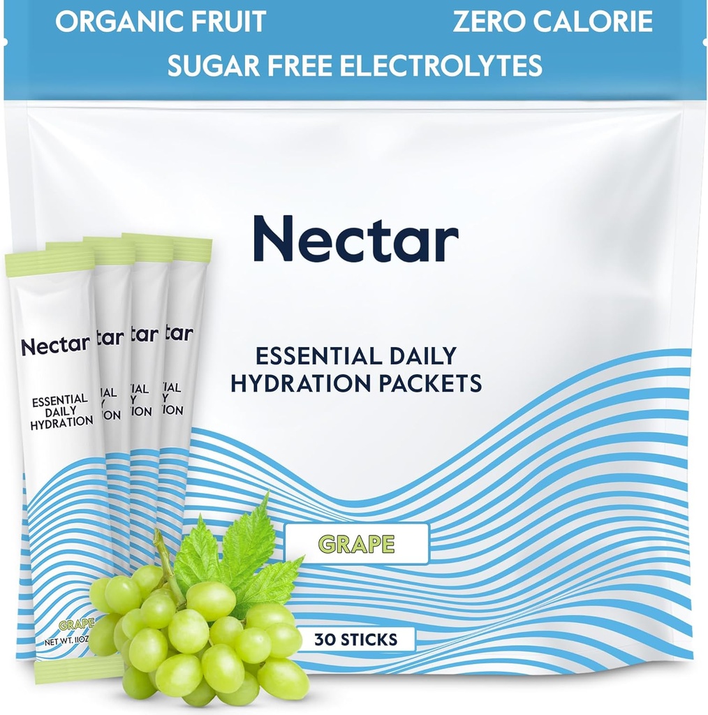 Nectar Hydration Packets - Elektrolyyttejä Powder Packets - Sokerittomia & 0 Calorie - Organic Fruit Liquid Daily IV Electrolytes Powder for Dehydration Relief & Rapid Rehydration (Grape 30 Pack)
