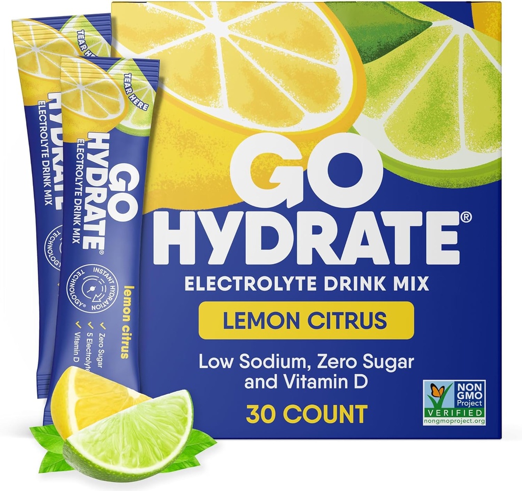 Gohydrate Instant Hydration Mill Packets - Mažas natrio elektrolitai Drink Mix - Natūralus drėkinimo parama, Cukraus Free Electrolyte Flavored Mill Drink su vitaminu D, 30 Pakuotės, Citrus