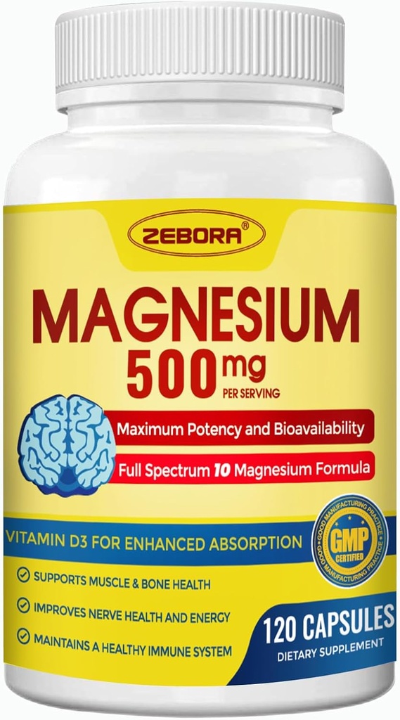 Magnesi complex suplementari, 500mg de Magnesi Glici Gliciteed amb Citerat & Matelate, Forma de Chelatada per a High Absions amb Zinc i Vitamina D3 per Nerve, Muscle & Bone, 115 Capules