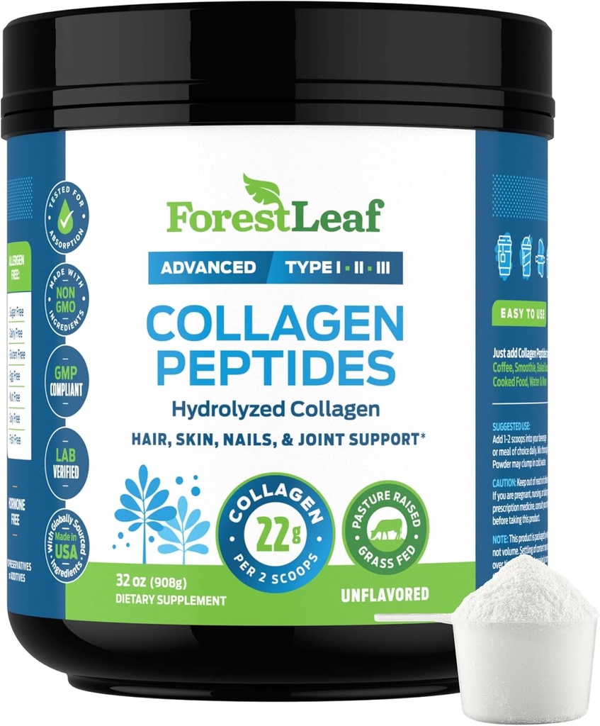 Колаген Peptides прах Unflavored - Hydrolyzed Collagen протеин прах тип 1, 2 и 3 - Трева Fed Keto Collagen прах за жени и мъже - Жизнена коса, кожа, нокти, стави, възстановяване, 11 гр.