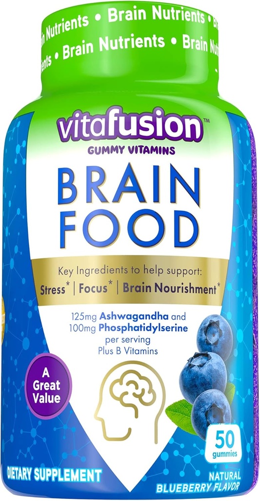 Vitafusion Brain Food Gummy Supplement: 125mg Ashwagandha, 100mg Fosfatidyyliseriini per Serving, B-vitamiinit, 50ct (25 päivän tarjonta), Blueberry Flavor America