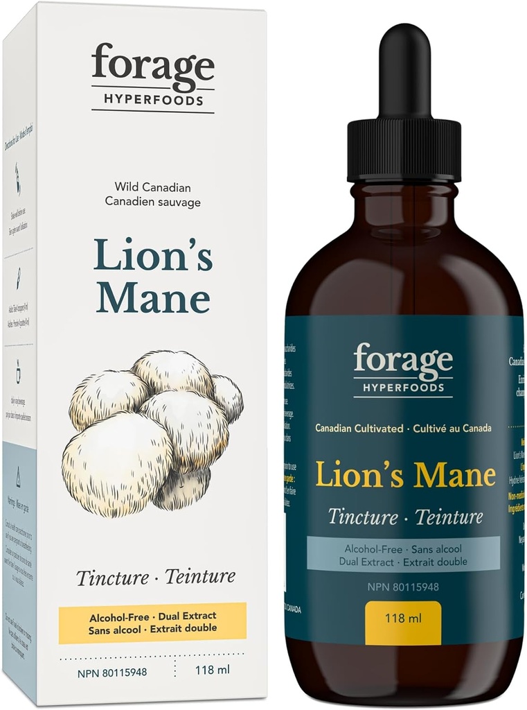 Forage Hyperfoods- Alcohol-Free Canadian Grown Lion's Mane Mushroom Superfood Liquid Supplement Extract Tincture, Vegan, Ez-GMO, Natural Brain Aid- Memory Improvement and Nerve Support 118ML