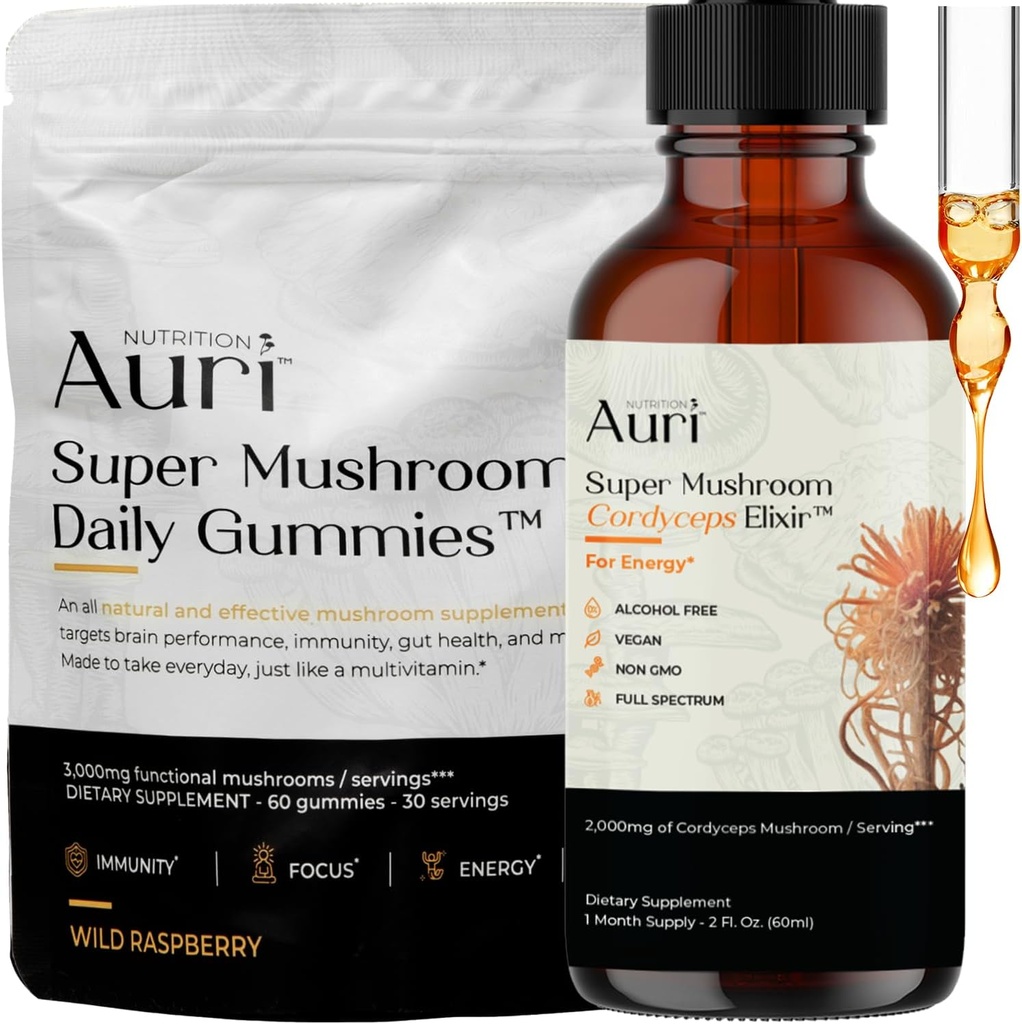 Auri Energy &amp; Immune Boost Pack Super Mushroom Daily Gummies Cordyceps Elixir Bundle - Daily Wellness for Focus, Stamina y Longevity - 60 Gummies + 60ml Tincture
