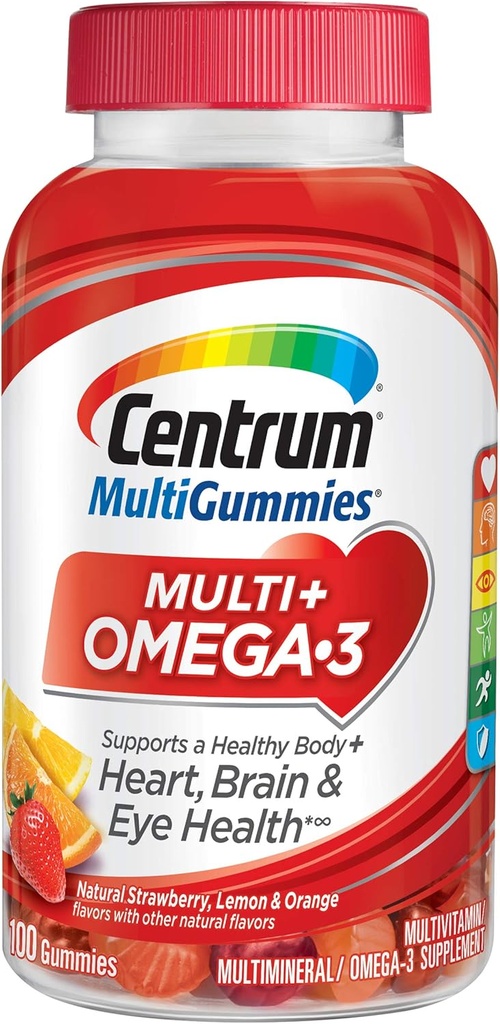 Centrum MultiGummies Omega 3 Gummy Multivitamínico para adultos, Suplemento Multivitamínico/Multimineral, Sabores de Fresa/Lémon/Orange - 100 Condes