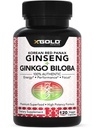 X Gold Health Korean Red Panax Ginseng + Ginkgo Biloba 7% Ginsenosides Extra Strength Energy, Memory, Focus & Brain Support Premium Supplement for Men & Women Non-GMO, 120 Vegan Capsules