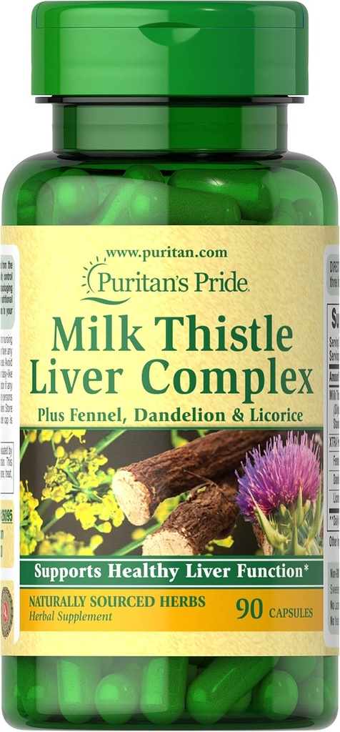 Puritan 's Pride Milk Thistle kepenų kompleksas, Palaiko sveiką kepenų funkcija, 90 Count, Balta