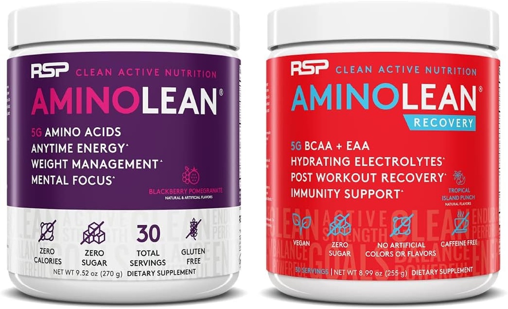RSP NUTRITION AminoLean Pre Тренування Енергетика (чорнийБеррі Поміґранат 30 сервірування) з AminoLean Recovery Post Workout Boost (Тропічний острів Punch 30 сервірування)