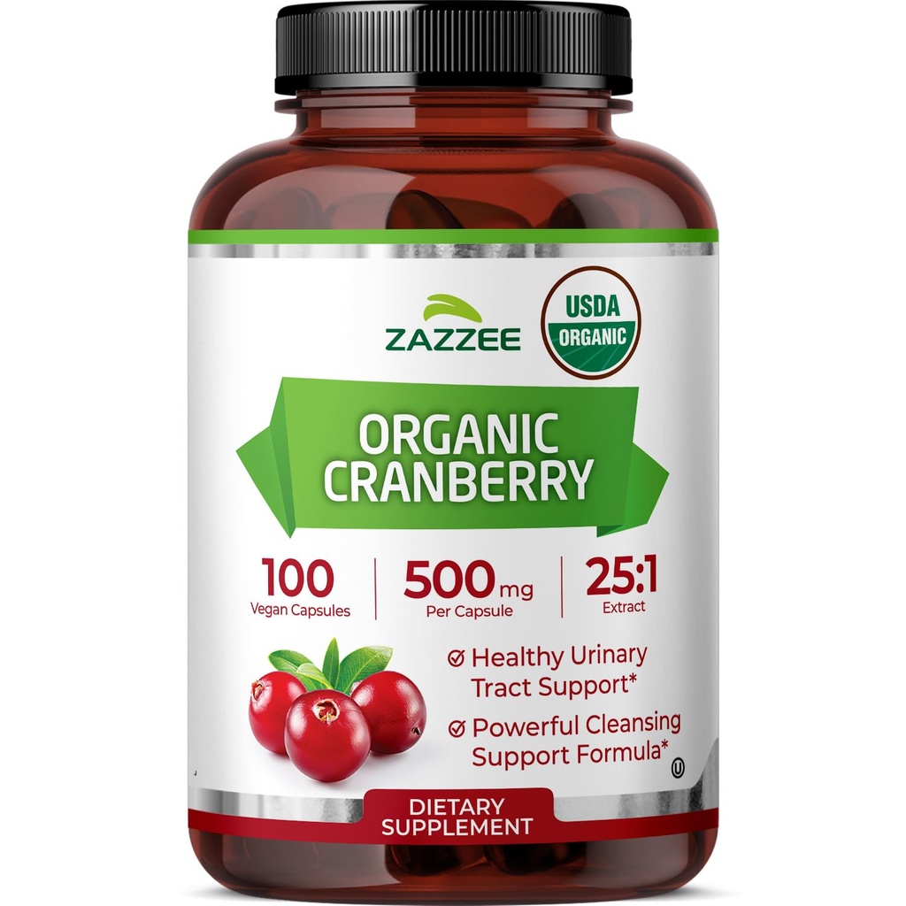 Zazzee USDA Organic Cranberry 25:1 Extract, 500 mg per Capsule, 100 Vegan Capsules, 3+ Month Supply, Certified Kosher, Vaccinium Macrocarpon, Urinary Tract & Bladder Support, Non-GMO, Made in the USA
