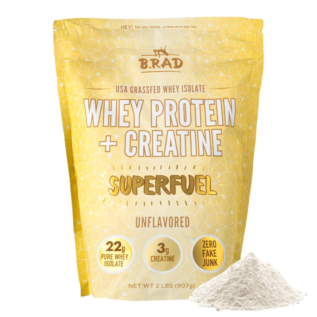 B.rad Superfuel Whey Protein Isolate with Creatine - Grass Fed USA Sourced Whey Protein Powder Unflavored - Clean Protein Powder with Creatine for Muscle Recovery & Energy - 2 lb, 32 Servings
