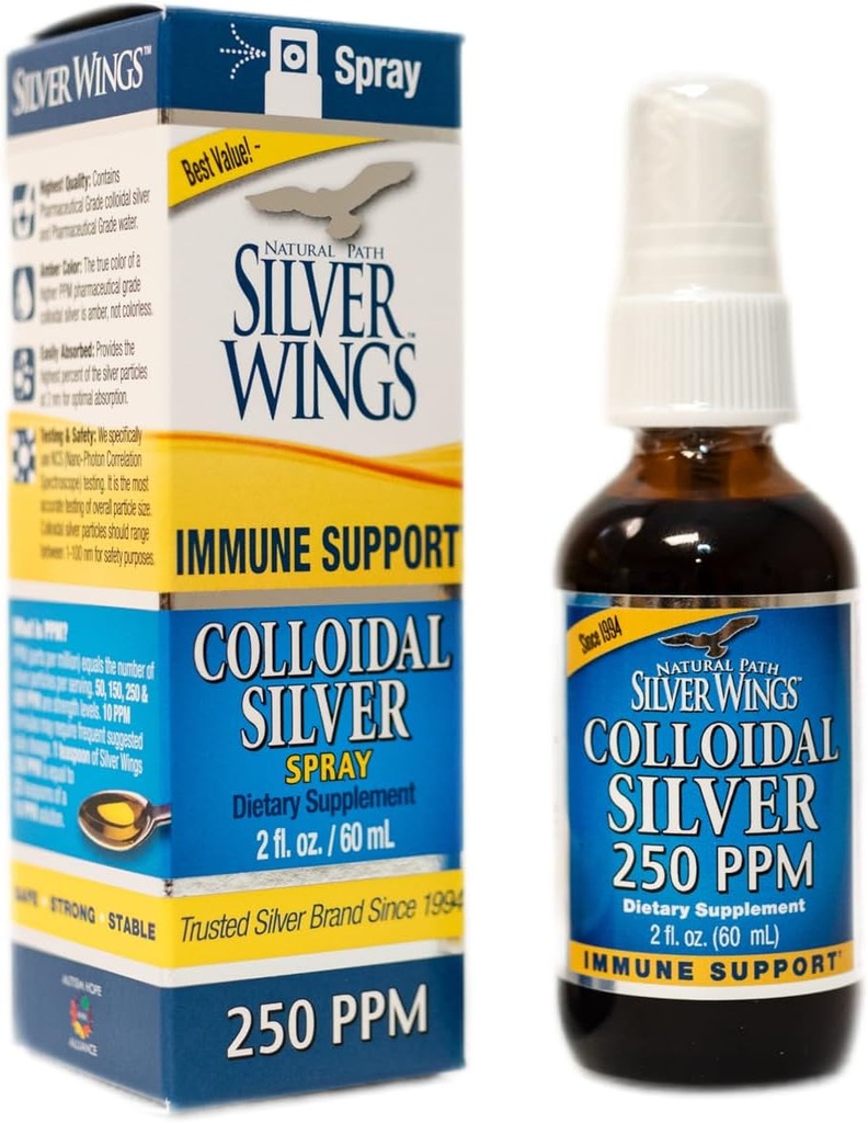 Natural Path Silver Wings Colloidal Silver Liquid - Complemento de soporte inmune mellorado - 250ppm (1250mcg) - 2oz Spray