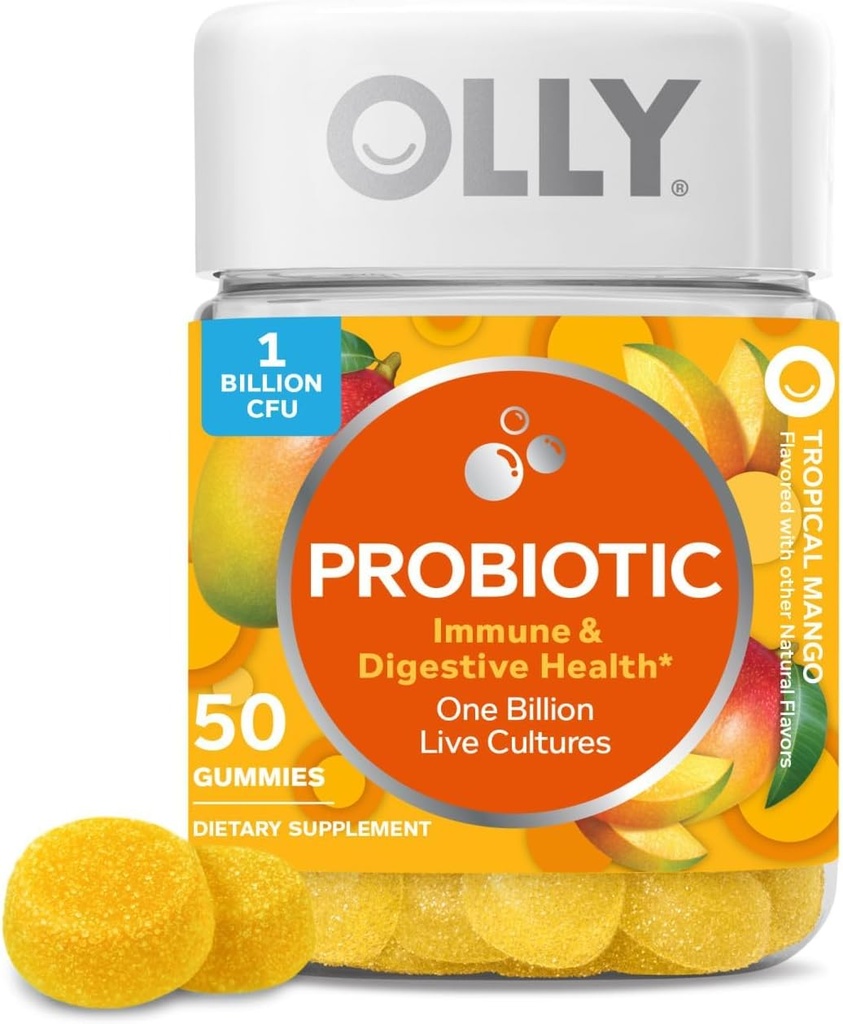 OLLY Probiyotik Gummy, Immune ve Digestive Support, 1 Milyar CFUs, Chewable Probiyotik Supplement, Mango, 25 Day Supply - Count 50